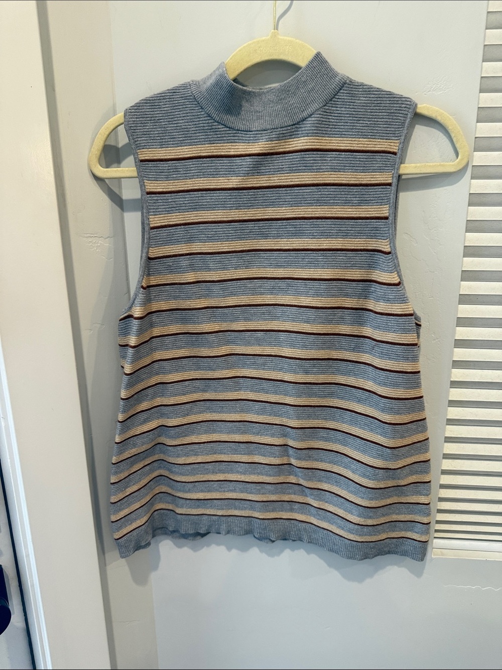 Nine West Striped Mock Neck Sleeveless Knit Tank - Light Blue, Tan, Navy